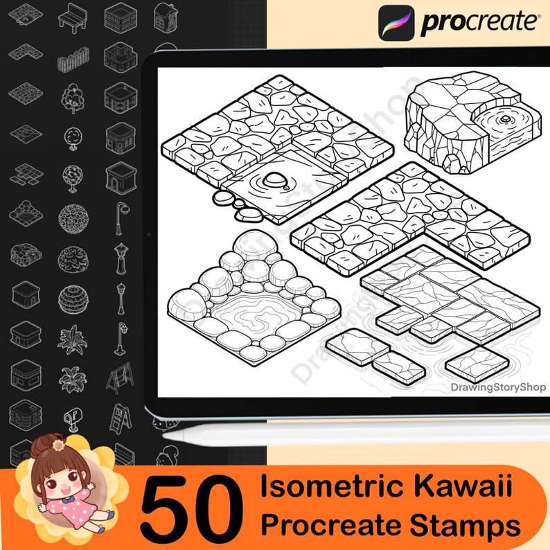 50 Procreate Isometric Kawaii Buildings Stamp Brushes | Kawaii Textured ...
