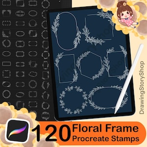 May include: A digital art illustration featuring a tablet displaying various floral frame designs. The tablet is accompanied by a stylus and a Procreate app icon. The image includes the text "120 Floral Frame Procreate Stamps."