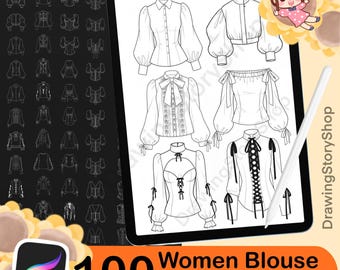 May include: A digital illustration of a tablet displaying various blouse designs. The tablet is surrounded by a yellow and orange border with the text "100 Women Blouse Procreate Stamps". A stylus and a cartoon character are also visible.