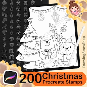 Puede incluir: Ilustración digital en blanco y negro de sellos navideños para Procreate. La imagen presenta un árbol de Navidad, osos, un reno y adornos festivos. El texto dice "200 Christmas Procreate Stamps". También se ven un lápiz óptico y el icono de la aplicación Procreate.