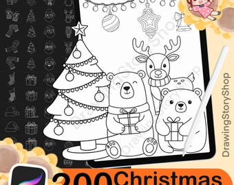 May include: Black and white digital illustration of Christmas-themed stamps for Procreate. The image features a Christmas tree, bears, a reindeer, and ornaments. The text reads "200 Christmas Procreate Stamps". A stylus and a Procreate app icon are also visible.
