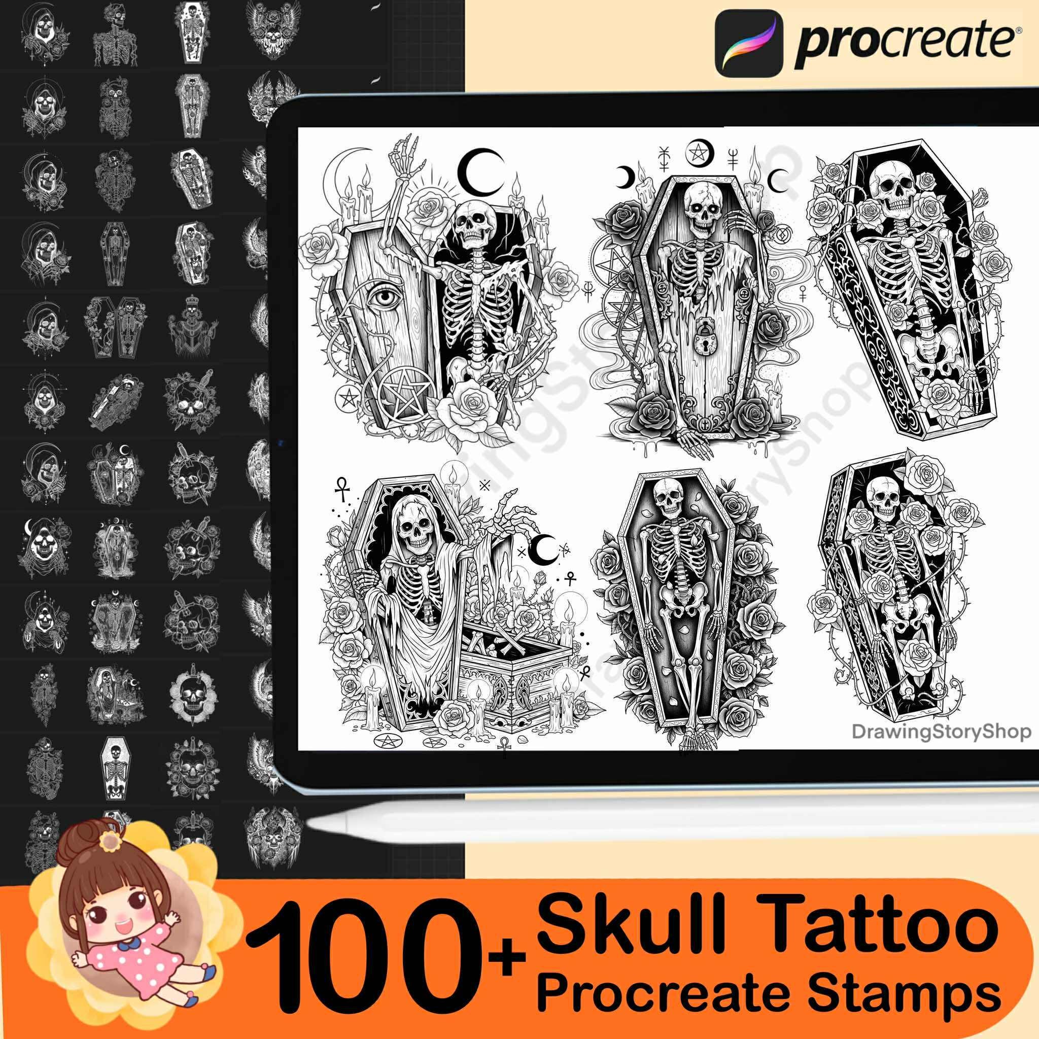 100+ Spooky Tattoo Procreate Stamps | Witchy Skull & Flower Skulls ...
