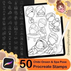 May include: A digital illustration on a tablet featuring 50 Chibi Onsen & Spa Pose Procreate Stamps. The image shows various spa-themed poses, including characters with towels, face masks, and receiving massages. A stylus and Procreate app icon are also visible.