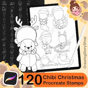May include: A digital art illustration featuring a collection of 120 Chibi Christmas Procreate Stamps. The image showcases various festive designs, including characters in Santa hats, reindeer, and a teddy bear. The color palette is primarily black and white.