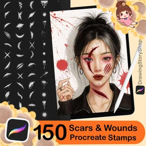 Könnte beinhalten: Digitales Kunstset mit 150 Procreate-Stempeln von Narben und Wunden. Das Bild zeigt ein Porträt einer Frau mit Make-up, das Wunden, Blutspritzer und verschiedene Narben- und Wunddesigns simuliert.