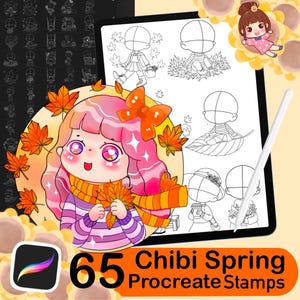 Könnte beinhalten: 65 digitale Stempel für Procreate mit niedlichen Chibi-Charakteren im Frühlingsthema. Die Stempel umfassen eine Vielzahl von Posen und Ausdrücken sowie Frühlingsmotive wie Blumen, Blätter und Schmetterlinge.