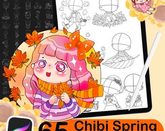 65 timbri primaverili Chibi per Procreate, timbri per pose, basi Chibi, pennelli guida, pennelli Procreate per anime, fumetti e manga