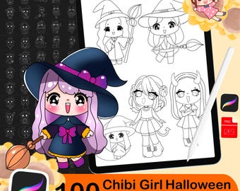 100 Procreate Chibi Girl Halloween Stamps,Chibi girl stamps,Chibi Character Stamp, PNG files chibi Halloween for other drawing programs