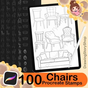 May include: A digital art illustration of 100 chair designs, including armchairs, sofas, and stools, displayed on a tablet screen. The image includes the text "100 Chairs Procreate Stamps" and a stylus.
