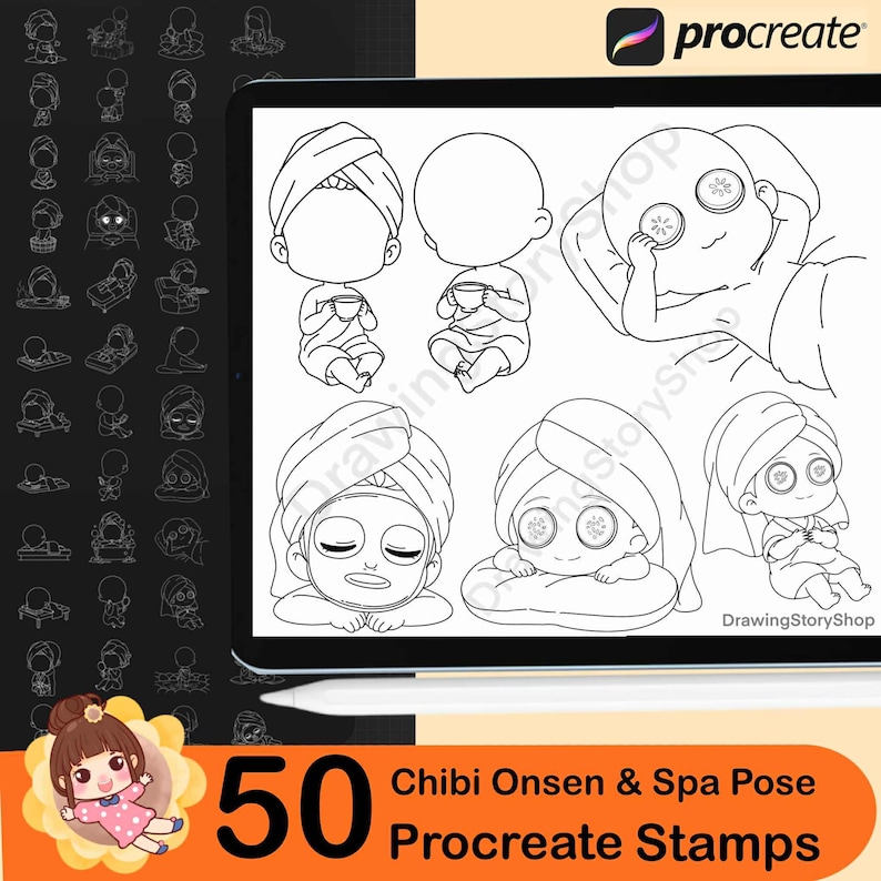 50 Chibi Onsen & Spa Pose Stamps for Procreate | Base Chibi Relaxing ...