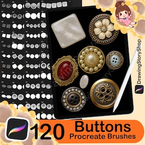 May include: A digital art illustration featuring a collection of 120 Procreate brushes, showcasing various button designs. The image includes a variety of button styles, from pearl-adorned to ornate gold-toned, and a square mother-of-pearl button. The text reads "120 Buttons Procreate Brushes."