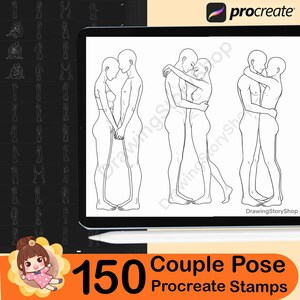 May include: A digital tablet displays line drawings of couples in various poses. The screen shows the word "procreate" in the top right corner. The image also includes the text "150 Couple Pose Procreate Stamps".