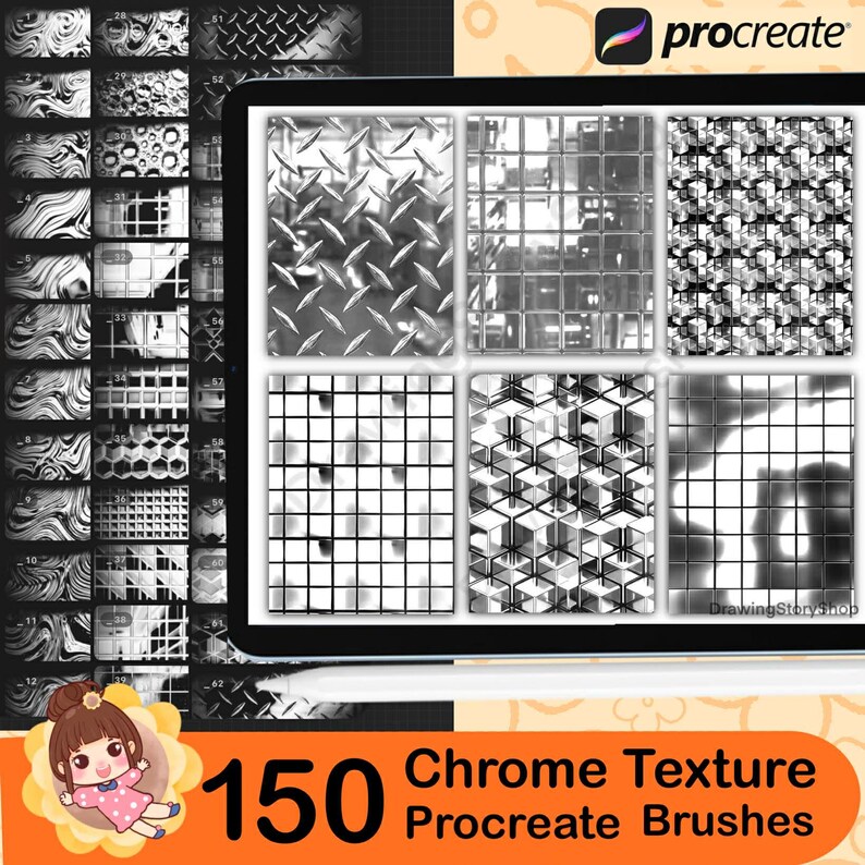150 Chrome Texture Brushes for Procreate , Metallic, Reflective, Steel ...