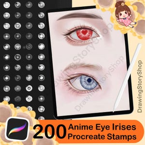 May include: Digital art illustration of two anime eyes, one red with a heart-shaped pupil and one blue. A stylus and a Procreate app logo are also visible. The text reads "200 Anime Eye Irises Procreate Stamps."