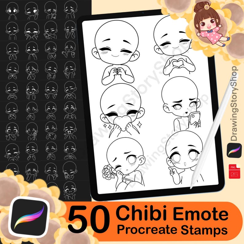 50 Chibi Emote Bases Stamps for Procreate, Anime Figure, Brushes ...