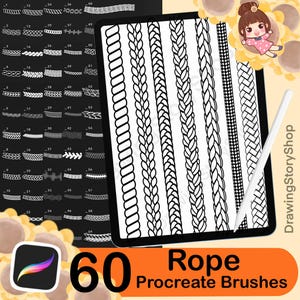 May include: A digital art product featuring 60 rope Procreate brushes. The image shows a tablet displaying various rope designs, a stylus, and a Procreate app icon. The background is black and orange.