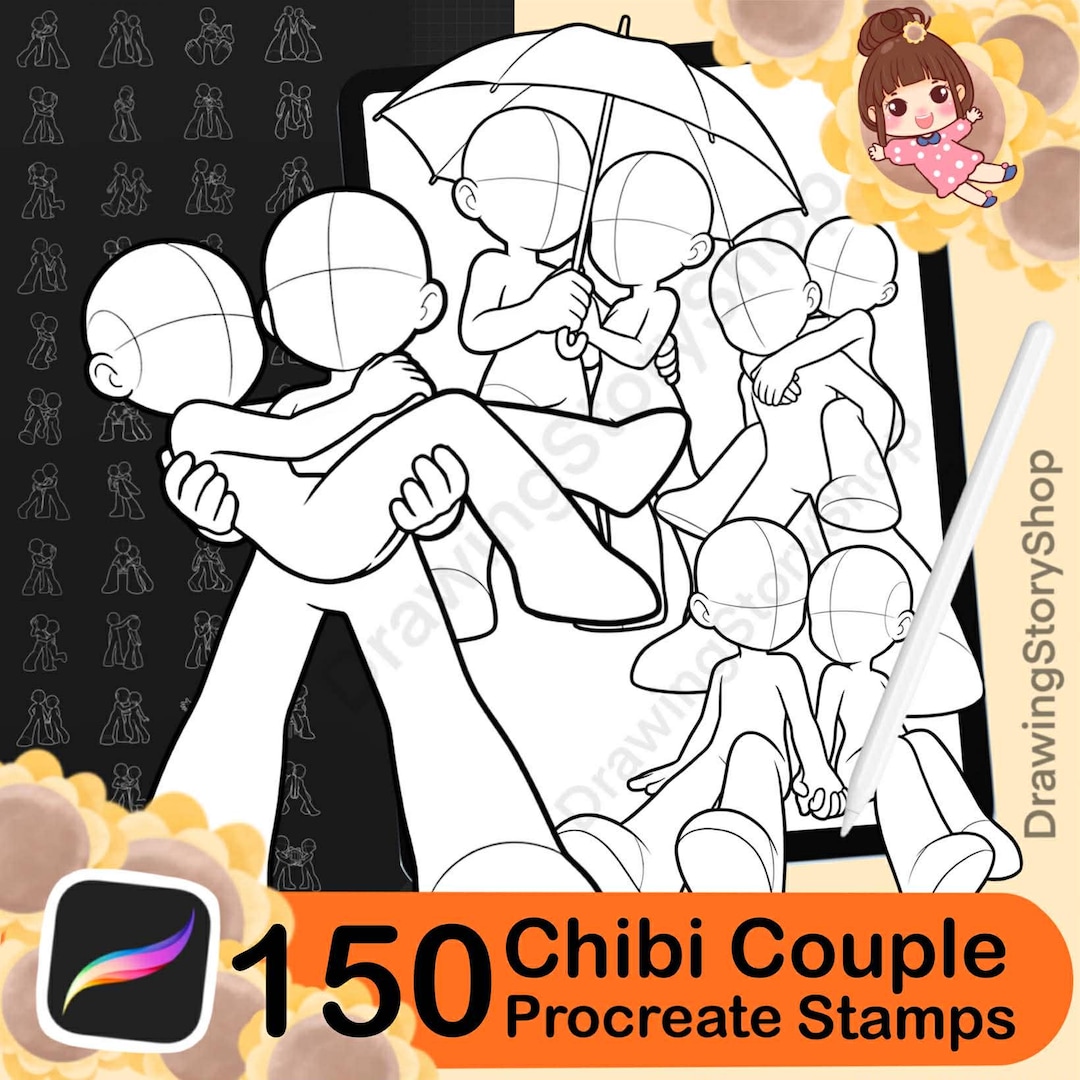 150 Chibi Couple Pose Stamps for Procreate | Cute Kawaii Romantic ...