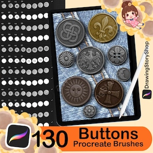 May include: An iPad displays a collection of 130 Procreate brushes featuring various button designs. The buttons are in shades of gray, brown, and gold, with intricate patterns. The image also shows a stylus and the Procreate app logo. Text on the image reads "130 Buttons Procreate Brushes."