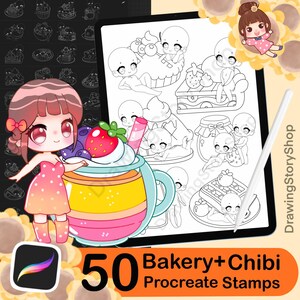 Könnte beinhalten: Ein Set mit 50 Procreate-Stempeln mit niedlichen Chibi-Charakteren und Backwaren-Illustrationen. Die Stempel sind für die Verwendung in digitaler Kunst konzipiert und beinhalten eine Vielzahl von Posen, Ausdrücken und Lebensmitteln.