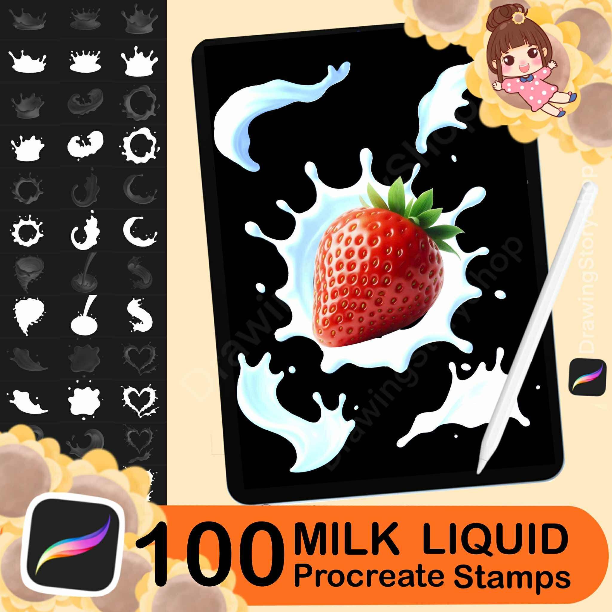 100 sellos y pinceles Procreate Milk Splash | Efectos de líquido, goteo y vertido