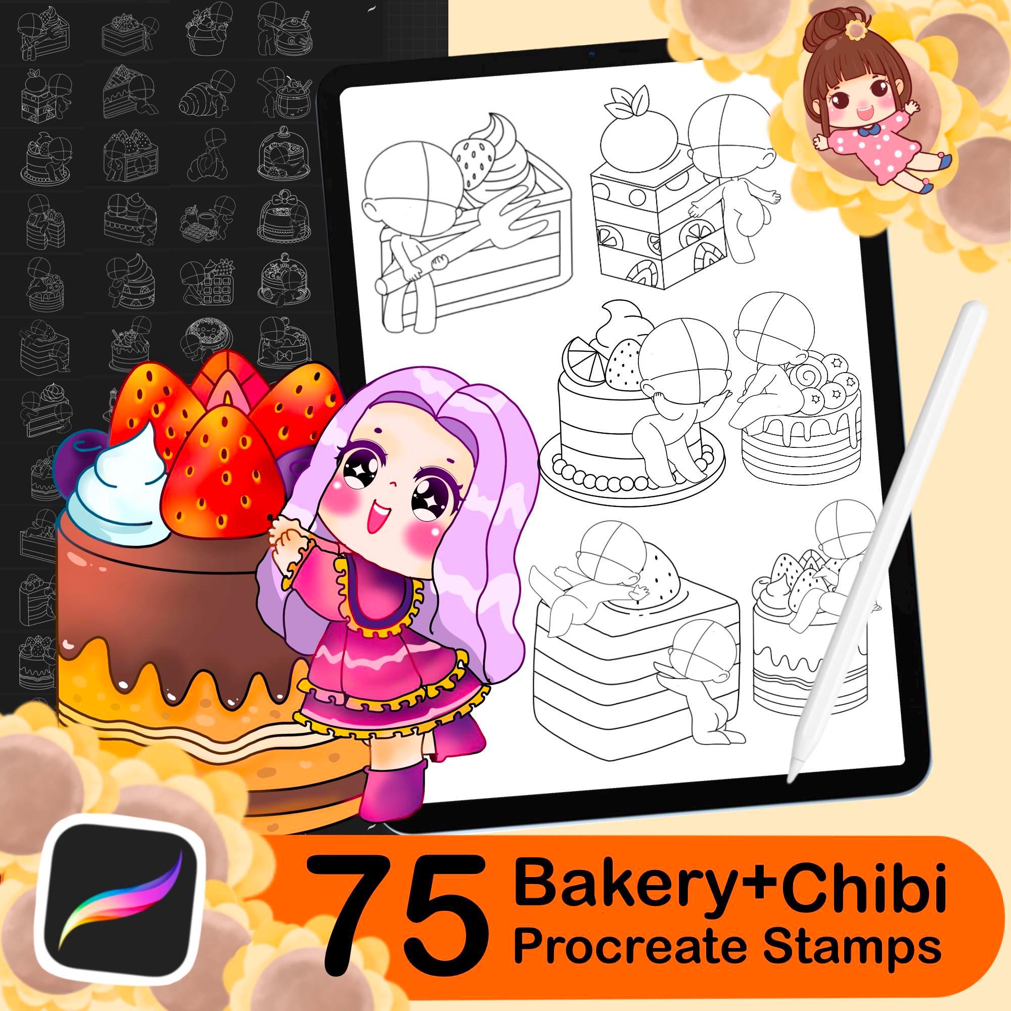 75 Procreate Kawaii Bakery Stamps & Chibi Bases – Cute Doodle Brush Set for iPad