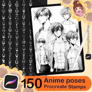 150 Procreate anime brushes , Procreate manga male face stamps, Procreate anime boys body pose brush stamp,  anime man stamps,manga men