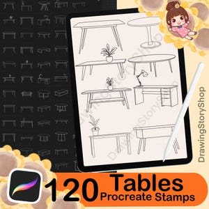 May include: A digital art product featuring 120 table designs as Procreate stamps. The image shows various table styles, including dining tables, desks, and side tables, in a black and white line drawing style, displayed on a tablet screen.