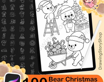 100 Christmas Bear Procreate Stamps | Kawaii Bear Doodle Brushes | Holiday Set