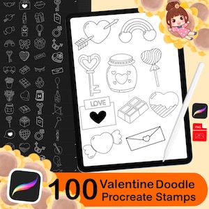 100 Procreate Valentine&#39;s Day stamps , love & valentine stamps,hearts, stamps,decorations Doodle cute, hand drawn, brush for procreate