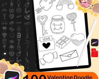100 Procreate Valentine's Day stamps , love & valentine stamps,hearts, stamps,decorations Doodle cute, hand drawn, brush for procreate
