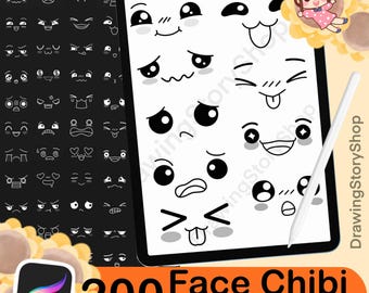 200 Procreate Kawaii Faces Stamp Brush Procreate Kawaii Emotes Chibi Base Manga Eyes Procreate Cartoon Face Emotions Character Maker Kawaii