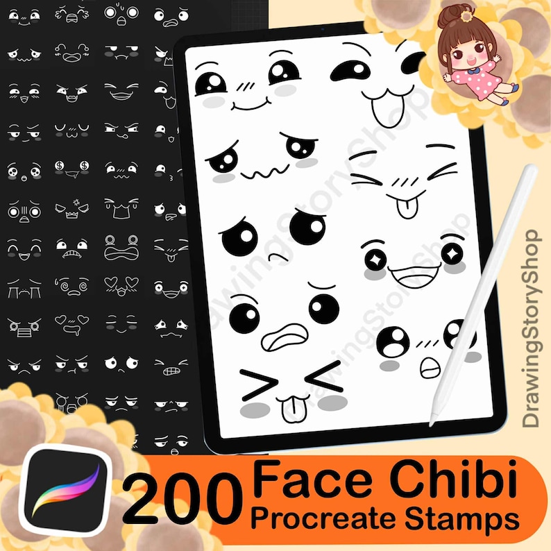 200 Procreate Kawaii Faces Stamp Brush Procreate Kawaii Emotes Chibi ...