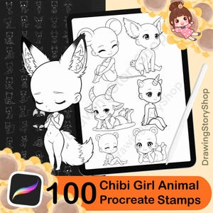 Puede incluir: Sellos de arte digital para Procreate con 100 diseños de animales chibi para niñas. La imagen muestra una tableta con ilustraciones en blanco y negro de lindos personajes de animales, incluyendo un zorro, un ratón y un oso. El icono de la aplicación Procreate es visible.