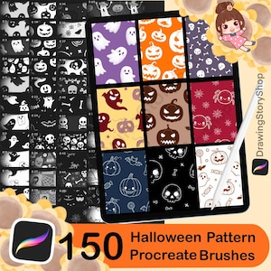 Op de afbeelding: Een digitale kunstproductpresentatie met 150 Halloween patroon Procreate penselen. De afbeelding toont een tablet met verschillende spookachtige patronen, waaronder geesten, pompoenen en schedels. Het kleurenpalet omvat oranje, paars en zwart.