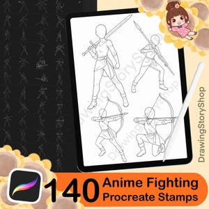140 Procreate Fighting Stamp Brushes,Procreate Anime Fight Body Poses,Procreate Lineart Stamps Set. Manga Female, Anime Fantasy