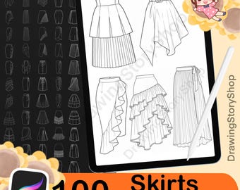 Könnte beinhalten: Digitale Illustration eines Tablets mit Rock-Designs und einem Stift. Das Bild enthält ein Raster von Rock-Skizzen und den Text "100 Skirts Procreate Stamps". Eine Cartoon-Figur befindet sich in der oberen rechten Ecke.