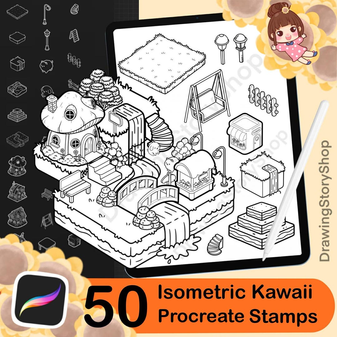 50 Procreate Isometric Kawaii Garden Stamp Brushes | Kawaii Textured ...