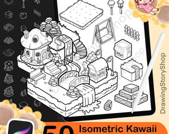 50 Procreate Isometric Kawaii Garden Stamp Brushes | Kawaii Textured Isometric Stamp Brush for Procreate Set 2