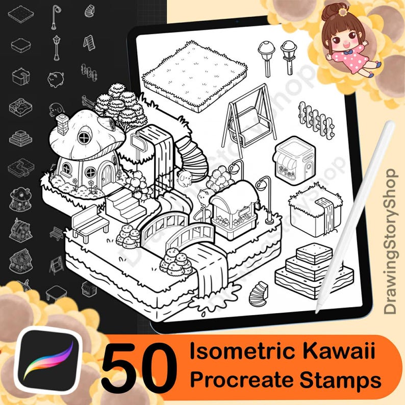 50 Procreate Isometric Kawaii Garden Stamp Brushes | Kawaii Textured ...