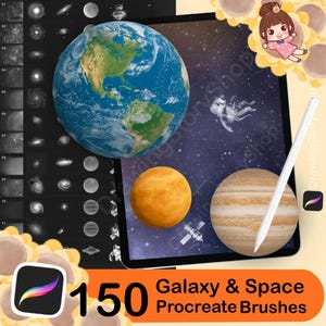 May include: A digital art illustration showing a tablet with space-themed images, including planets and an astronaut. A stylus, Procreate app icon, and text reading "150 Galaxy & Space Procreate Brushes" are also visible.