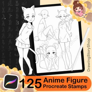 May include: Digital art Procreate stamps featuring anime figures. The image shows a tablet displaying several anime figure poses, including a cat-eared girl and other animal-themed characters. The text reads "125 Anime Figure Procreate Stamps."