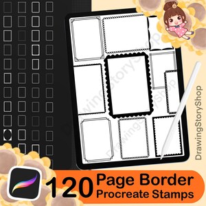 Op de afbeelding: Digitale kunstillustratie van een tablet met verschillende paginarandontwerpen. De afbeelding bevat een stylus, een Procreate app-pictogram en de tekst "120 Page Border Procreate Stamps."