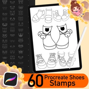 May include: A digital illustration of 60 black and white shoe stamps for use in the Procreate app. The image shows a variety of shoe styles, including sandals, boots, and trainers.
