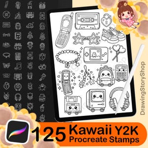 May include: A digital illustration of a tablet displaying 125 Kawaii Y2K Procreate Stamps. The stamps are black and white line drawings of nostalgic items like a flip phone, cassette tape, and sneakers. A stylus and a cartoon character are also visible.