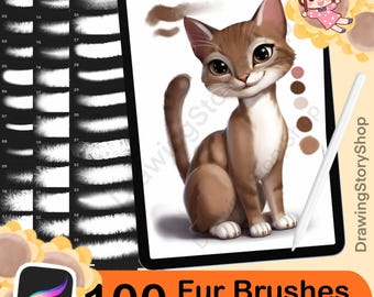 May include: A digital illustration of a cat with brown and white fur, sitting on a white background. The image is displayed on a tablet screen. The tablet screen is surrounded by a white border. The text "100 Fur Brushes Procreate" is displayed below the tablet screen.