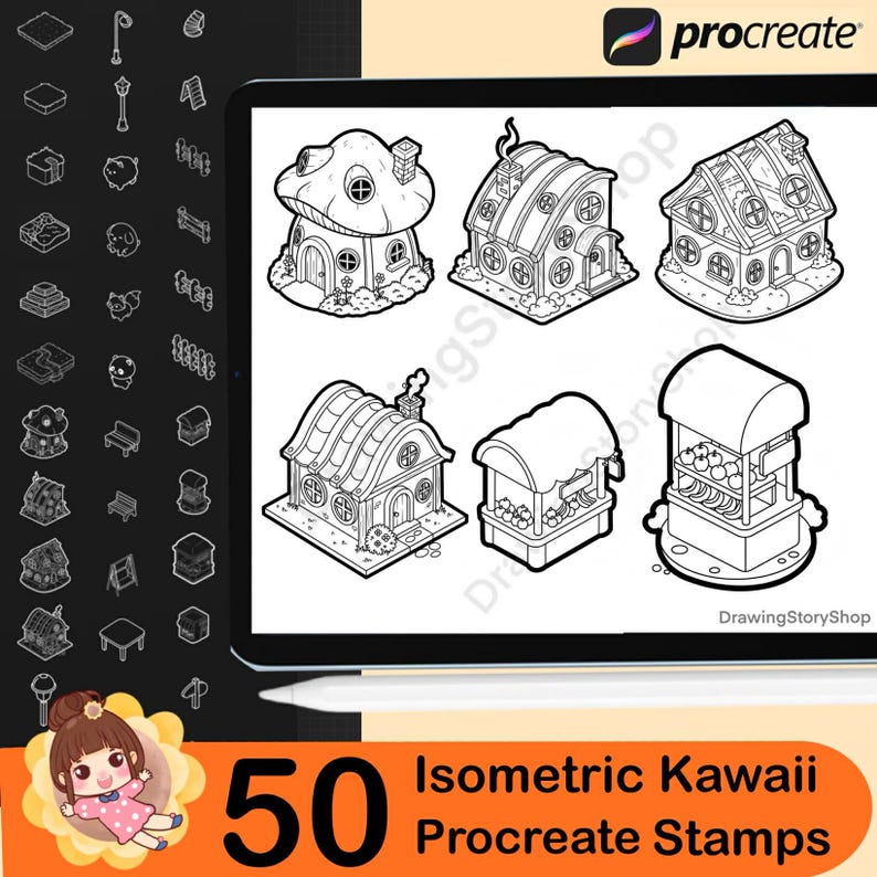 50 Procreate Isometric Kawaii Garden Stamp Brushes | Kawaii Textured ...