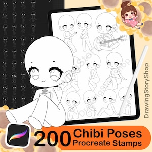 200 Base chibi Procreate body pose stamps ,Procreate chibi pose stamps , Procreate chibi body stamps , Chibi Procreate brushes