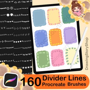 Puede incluir: Presentación de un producto de arte digital. La imagen muestra una tableta con marcos coloridos y líneas divisorias, junto con un lápiz óptico. El texto dice "160 Divider Lines Procreate Brushes". Un icono de la aplicación Procreate es visible.