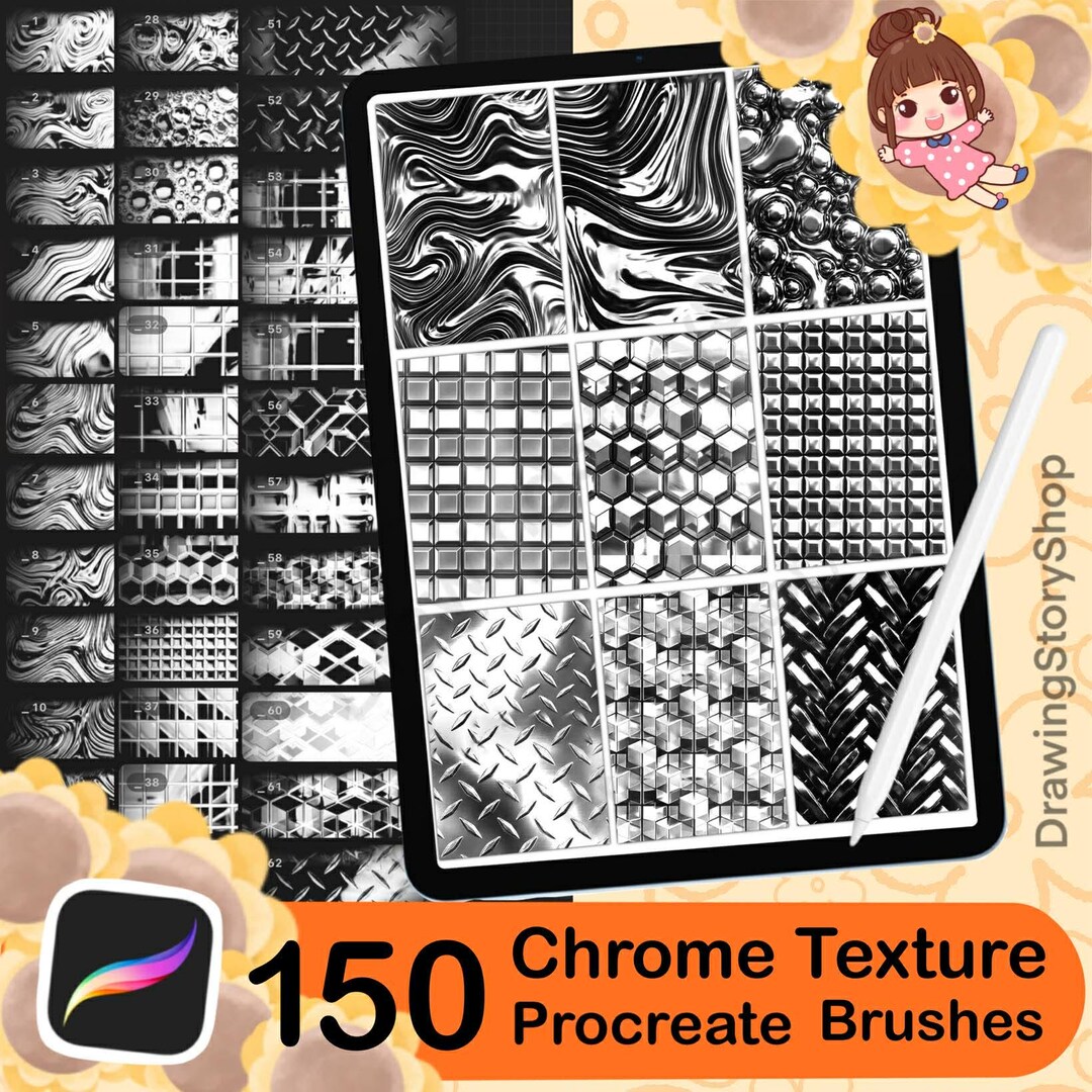150 Chrome Texture Brushes for Procreate , Metallic, Reflective, Steel ...