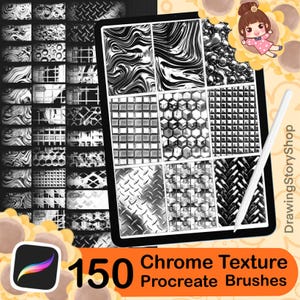 May include: A digital art product display featuring a tablet with chrome texture designs and a stylus. The image showcases 150 Procreate brushes with various metallic patterns. The text reads "Chrome Texture Procreate Brushes".